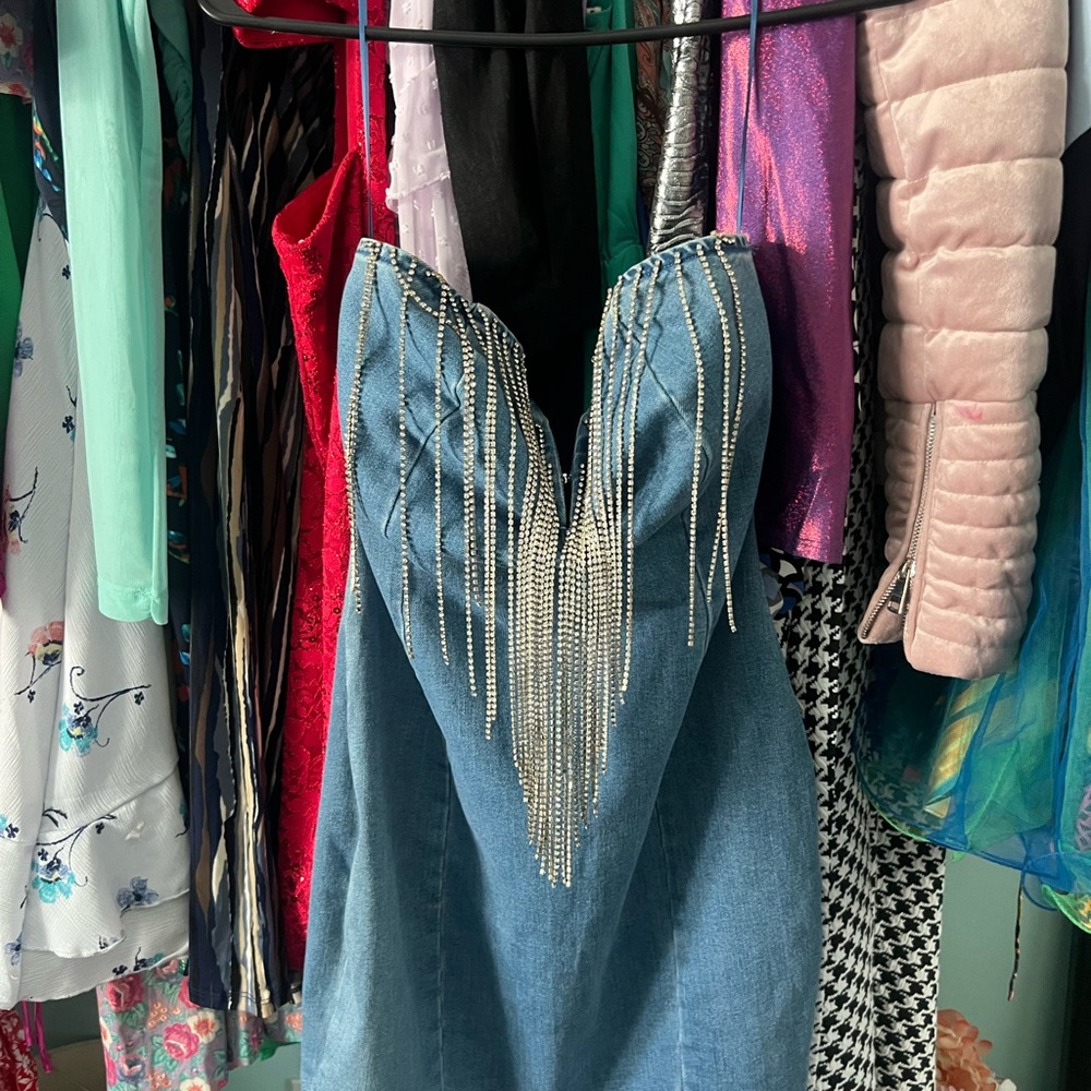 Haute Monde Blue Mini Dress with Silver Accents